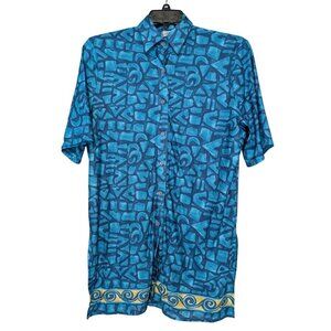 Tara Grinna Blouse Blue Shirt Geometric Short Sleeve Button Hawaii Women's Large